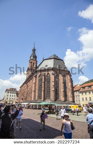 HEIDELBERG, GERMANY - JULY 6, 2013: Church of the Holy Spirit in Heidelberg, Germany . The Church of the Holy Spirit is first mentioned in 1239.
