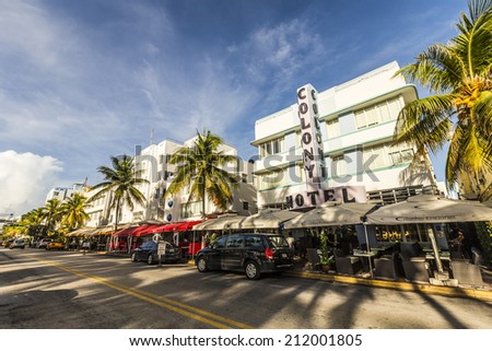 MIAMI, USA - AUG 20, 2014: The Colony hotel located at 736 Ocean Drive and built in the 1930\'s is the most photographed hotel in South Beach in Miami, USA.