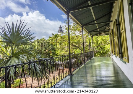 KEY WEST, USA - AUG 27, 2014: porch on the side of  Ernest Hemingways house in Key West, USA. Ernest Hemingway lived and wrote here from 1931 to 1939.