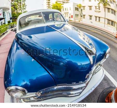 MIAMI, USA - AUG 18, 2014 : Dodge Vintage car parked at Ocean Drive in Miami Beach, Florida. Art Deco architecture in South Beach is one of the main tourist attractions in Miami