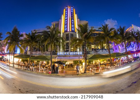 MIAMI, USA - AUG 23, 2014: Breakwater hotel located at Ocean Drive and built in the 1930\'s is one of the most photographed hotels in South Beach in Miami, Florida.