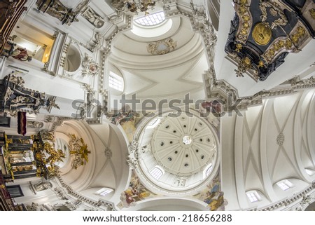 FULDA, GERMANY - SEP 20. 2014: inside of baroque Cathedral in Fulda, Germany. Fulda Cathedral is the former abbey church of Fulda Abbey and the burial place of Saint Boniface.