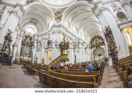 FULDA, GERMANY - SEP 20. 2014: inside of baroque Cathedral in Fulda, Germany. Fulda Cathedral is the former abbey church of Fulda Abbey and the burial place of Saint Boniface.