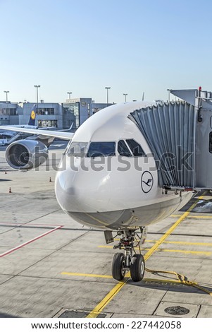 FRANKFURT, GERMANY - MAY 4, 2014:   Lufthansa aircraft at apron in Frankfurt, Germany. Frankfurt is  the busiest airport in Germany and one of the mosy busy in Europe.