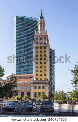 MIAMI, USA - AUGUST 19, 2014: facade of Miami Museum of Art and Design in Miami, USA. Since 2005, the Freedom Tower serves   as the flagship venue for premier exhibitions.