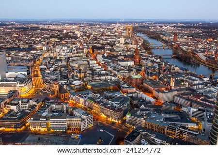 FRANKFURT, GERMANY - MARCH 25, 2012: aerial in the evening with river Main in Frankfurt,  Germany. Frankfurt is the largest city in the German state of Hesse and the financial  centre of Germany.