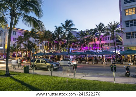 MIAMI, USA - AUG 19, 2014: Night view at Ocean drive  in Miami, USA. Art Deco Night-Life in South Beach at ocean drive is one of the main tourist attractions in Miami.