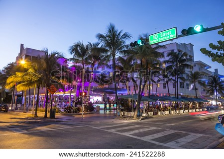 MIAMI, USA - AUG 19, 2014: Night view at Ocean drive  in Miami, USA. Art Deco Night-Life in South Beach at ocean drive is one of the main tourist attractions in Miami.