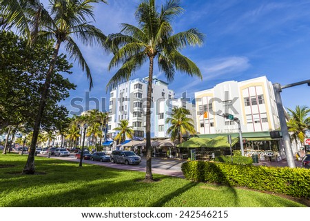 MIAMI, USA - AUG 20, 2014: Day view at Ocean drive in Miami, USA. Art Deco Life in South Beach at ocean drive is one of the main tourist attractions in Miami.