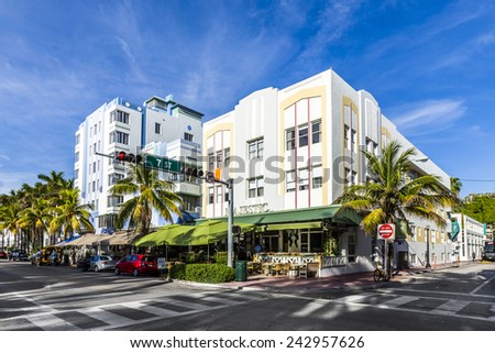MIAMI, USA - AUG 20, 2014: Day view at Ocean drive in Miami, USA. Art Deco Life in South Beach at ocean drive is one of the main tourist attractions in Miami.