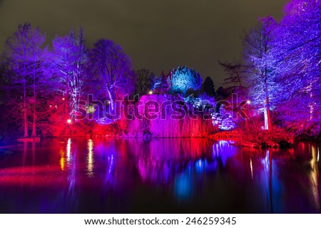 FRANKFURT, GERMANY - JAN 21, 2015: light event Winterlichter by night   in the Palmgarden in Frankfurt, Germany.The light show is open to public until 25th of January.