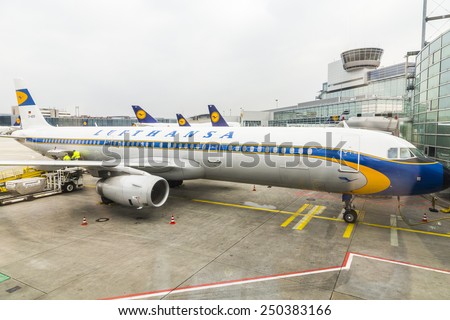 FRANKFURT, GERMANY - MARCH 17, 2014: Lufthansas Airbus A321 turned out the beautiful livery from the 1950s in Frankfurt, Germany. They did it due to Lufthansas 50th year of service in 2005.
