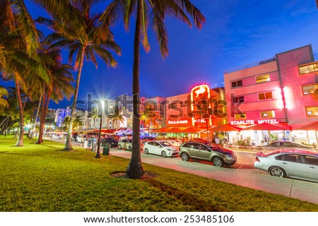 MIAMI, USA AUG 3, 2013: Night view at Ocean drive in Miami, USA. Art Deco Night-Life in South Beach at ocean drive is one of the main tourist attractions in Miami.