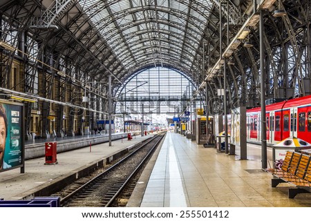 FRANKFURT, GERMANY - FEB 24, 2015: Inside the Frankfurt central station in Frankfurt, Germany. With about 350.000 passengers per day its the most frequented railway station in Germany.
