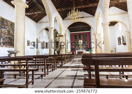 LA OLIVA, SPAIN - NOV 19, 2014: famous Church Fuerteventura in La Oliva, Spain.  Highlights inside the church is the mudejar ceiling, and a large painting of The Last Judgment.