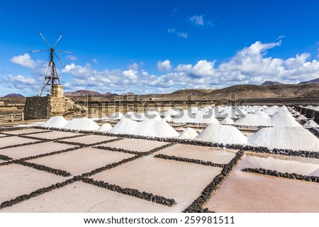 salt piles in the saline of Janubio in Lanzarote with old toteen wind mill under blue sky