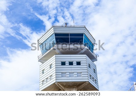 ARRECIFE, SPAIN - JAN 4, 2011: tower of the new airport in Arrecife, Spain. The new airport was built in 1980 and covers more than 90 flights daily.