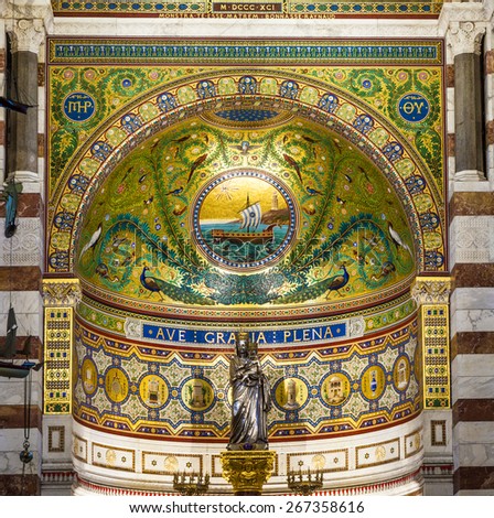 MARSEILLE, FRANCE - APRIL 1, 2015: Notre-Dame de la Garde Interior in Marseilles, France. The Neo-Byzantine church was built by  Henri-Jacques Esperandieu on the foundations of an ancient fort.