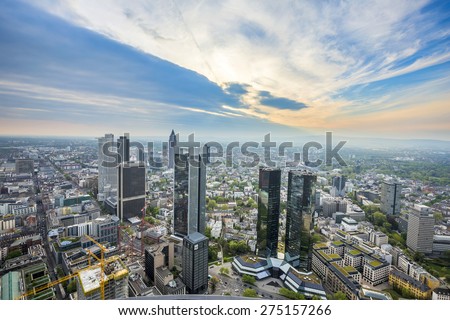 FRANKFURT, GERMANY - MAY 2, 2015:  Summer panorama of the financial district in Frankfurt, Germany. Frankfurt is the Finance Center of Germany and the seat of all German important Banks.