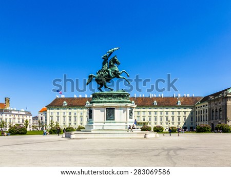 VIENNA, AUSTRIA - APR 24, 2015: View of Heldenplatz  - public space withEquestrian statue of Archduke Charles of Austria.