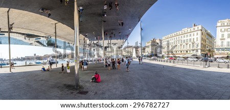 MARSEILLE, FRANCE - JULY 10, 2015: Norman Fosters pavilion with mirrored ceiling.  Marseille is the European Capital of Culture for 2013 and aims to attract 10 million visitors in 2013.