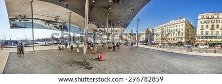 MARSEILLE, FRANCE - JULY 10, 2015: Norman Fosters pavilion with mirrored ceiling.  Marseille is the European Capital of Culture for 2013 and aims to attract 10 million visitors in 2013.