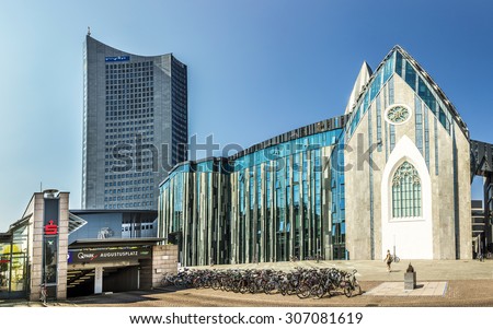 LEIPZIG, GERMANY - AUG 8, 2015: Erick van Egeraat built the modern University hall in 2008 at Augustus Square in Leipzig. Design was a  reminiscent of the 15th century  Church.