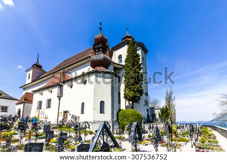 TRAUNKIRCHEN, AUSTRIA - APR 22, 2015: old cemetery at the church yard in Traunkichen, Austria. The abbey was already in existance by 632 A.D.
