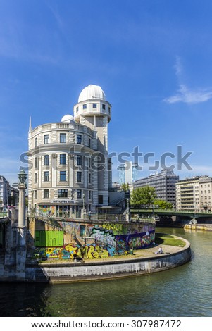 VIENNA, AUSTRIA - APR 25 2015: Urania in Vienna. Urania is a public educational institute and observatory  built according to the plans of Art Nouveau style architect Max Fabiani in 1910.