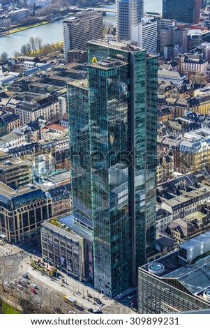 FRANKFURT, GERMANY - MAR 3, 2015: view to Commerzbank skyscraper  from Maintower in  Frankfurt, Germany. The main tower platform is open for public.