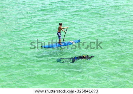 SUNNY ISLES BEACH, USA - AUG 2014: people enjoy Stand Up Paddle Surfing at Sunny Isles Beach. Coastal cultures have stood up within canoes and paddled standing for thousands of years.