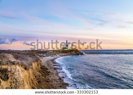 Atlantic ocean waves on the beach at Montauk Point Light, Lighthouse, Long Island, New York, Suffolk County