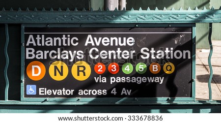 New York, USA - OCT 22, 2015: old vintage sign Atlantic avenue and Barclays Station in Brooklyn. The operating lines are marked with colors.