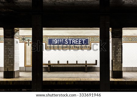 New York, USA - OCT 22, 2015: old vintage sign 191th street Subway Station in the Bronx. Intricate tiles with symbols  in terra cotta describe the place.