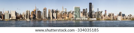 NEW YORK, USA - AUG 23, 2015: skyline of New York seen from east river. The East River is a salt water tidal strait in New York City. The waterway connects Upper New York Bay to Long Island Sound.