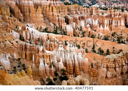 beautiful landscape in Bryce Canyon with magnificent Stone formation like Amphitheater, temples, figures in afternoon light