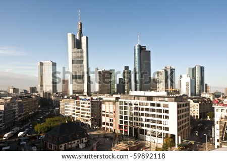 FRANKFURT, GERMANY - SEPTEMBER 10: view to skyline of Frankfurt with Hauptwache and skyscraper early morning on September 10,2009 Frankfurt,Germany