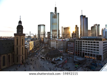 FRANKFURT, GERMANY - FEBRUARY 20: view to skyline of Frankfurt with Hauptwache and skyscraper at sunset on February 20,2010 Frankfurt,Germany
