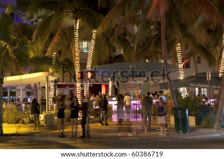 MIAMI BEACH, USA - AUGUST 02: Night view at Ocean drive on August 02,2010 in Miami Beach, Florida. Art Deco Night-Life in South Beach is one of the main tourist attractions in Miami.
