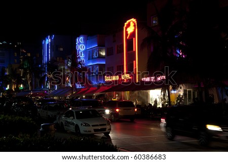MIAMI BEACH, USA - August 02: Night view at Ocean drive on August 02,2010 in Miami Beach, Florida. Art Deco Night-Life in South Beach is one of the main tourist attractions in Miami.