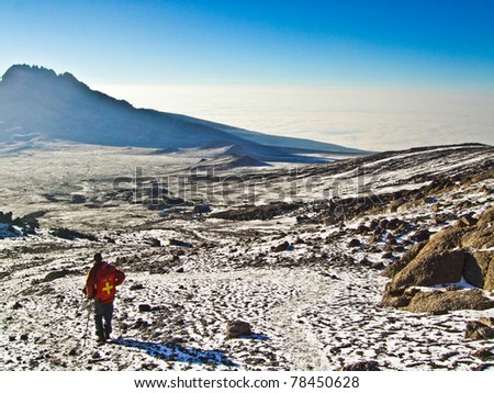 climbing the Mount Kilimanjaro, the highest mountain in Africa (5892m)