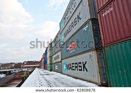 MAINZ, GERMANY - JANUARY 1: container in harbor in Winter on January, 1, 2010 in Mainz, Germany. It was constructed by Eduard Kreyssig between 1880 and 1887 and placed on an old roman war harbor.