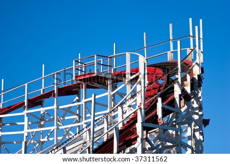 Top corner of roller coaster against solid blue sky