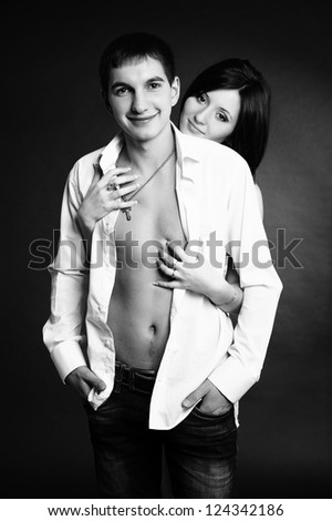 Happy young couple in love. black and white. vintage