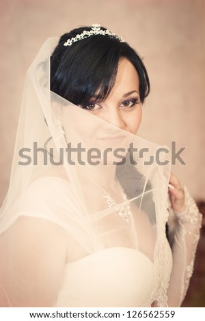 portrait of beautiful smiley bride with a veil,. Vintage photo. wedding dress.