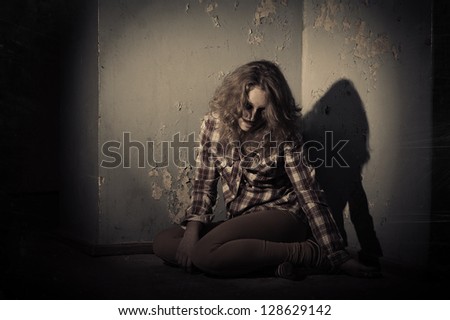 family problems and woman violence cover face fight fear. Lost and alone. Abused woman crying holding her face. Vintage.