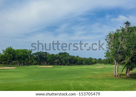 Tropical Paradise. Dominican Republic, Seychelles, Caribbean, a green tropical forest. Pathway in tropical park. Golf Course in Tropical Paradise. Summertime holyday in Dominican Republic