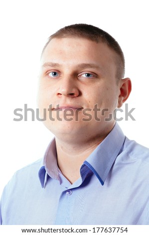 big guy smiling looking at camera, ordinary white business man with weight problem isolated over white