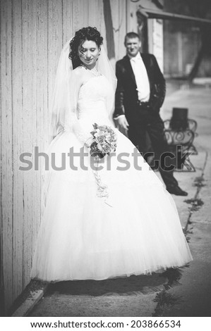 Bride and Groom on wedding Day. Bridal couple, black and white.