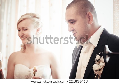 Happy young bride and groom on their wedding day. Wedding couple - new family! wedding dress. Bridal wedding bouquet of flowers